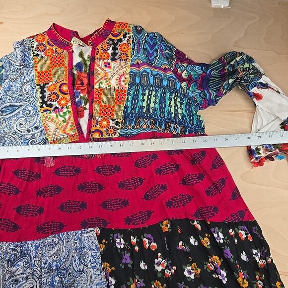 Anandas Boho Patchwork Tunic top Bell Sleeve Tassel Dress Women's Size XXL - Picture 9 of 11